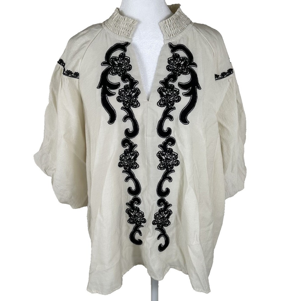 Style U Peasant Blouse Women XL Cream Embroidered Boho Puff‎ Sleeve WC4360